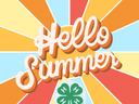 Retro sunburst with stylized text "Hello Summer" and green 4‑H four-leaf clover logo.