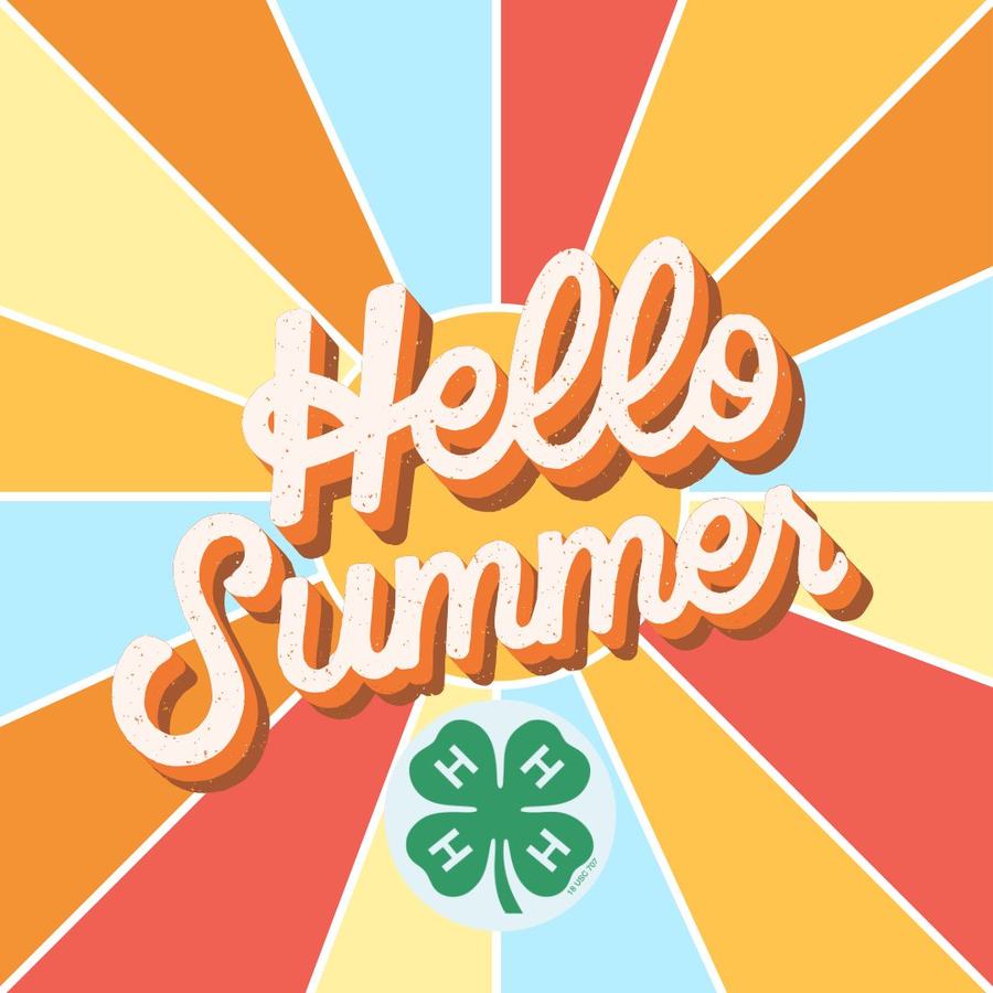 Retro sunburst with stylized text "Hello Summer" and green 4‑H four-leaf clover logo.