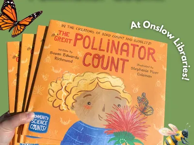 Image features The Great Pollinator Count book along with a bee and butterfly.
