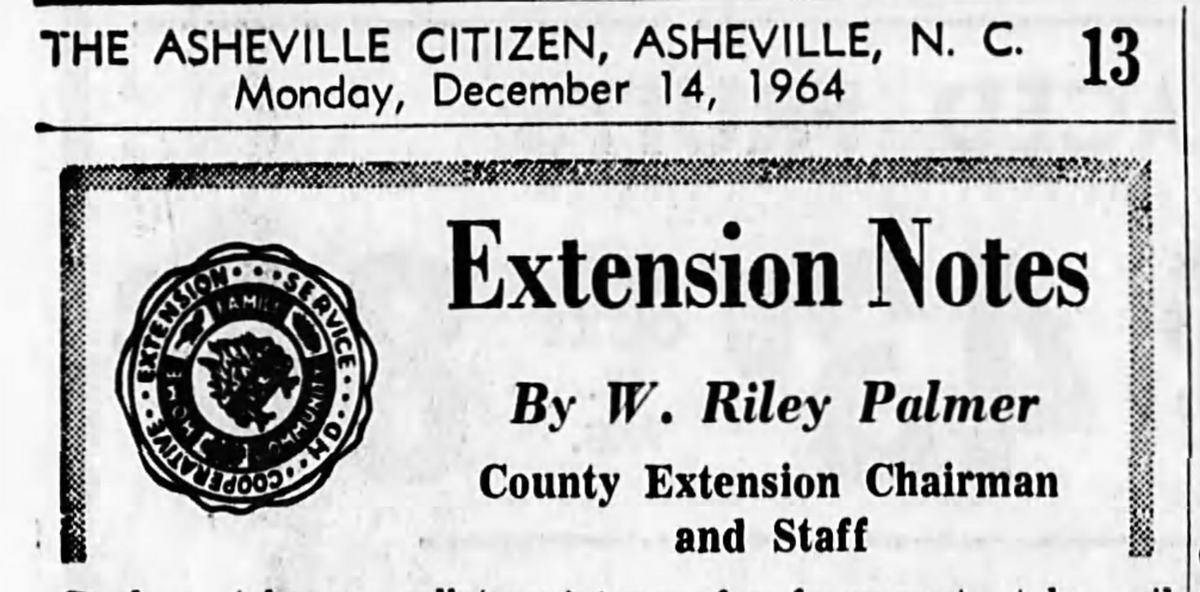 Newspaper clipping of "Extension Notes" column of The Asheville Citizen newspaper. Monday, December 14, 1964. Page 13.