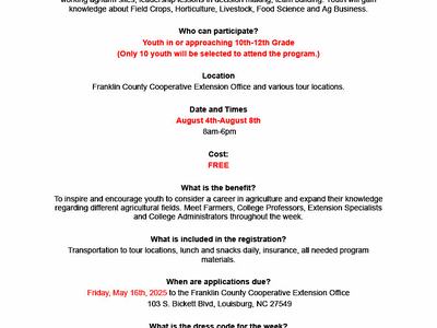 Franklin County Youth Ag Leadership Program application pg1, date time, location and application info.