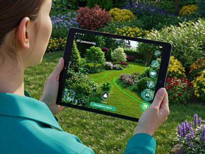 Person holding tablet showing an AR garden layout with green boundary lines and icons
