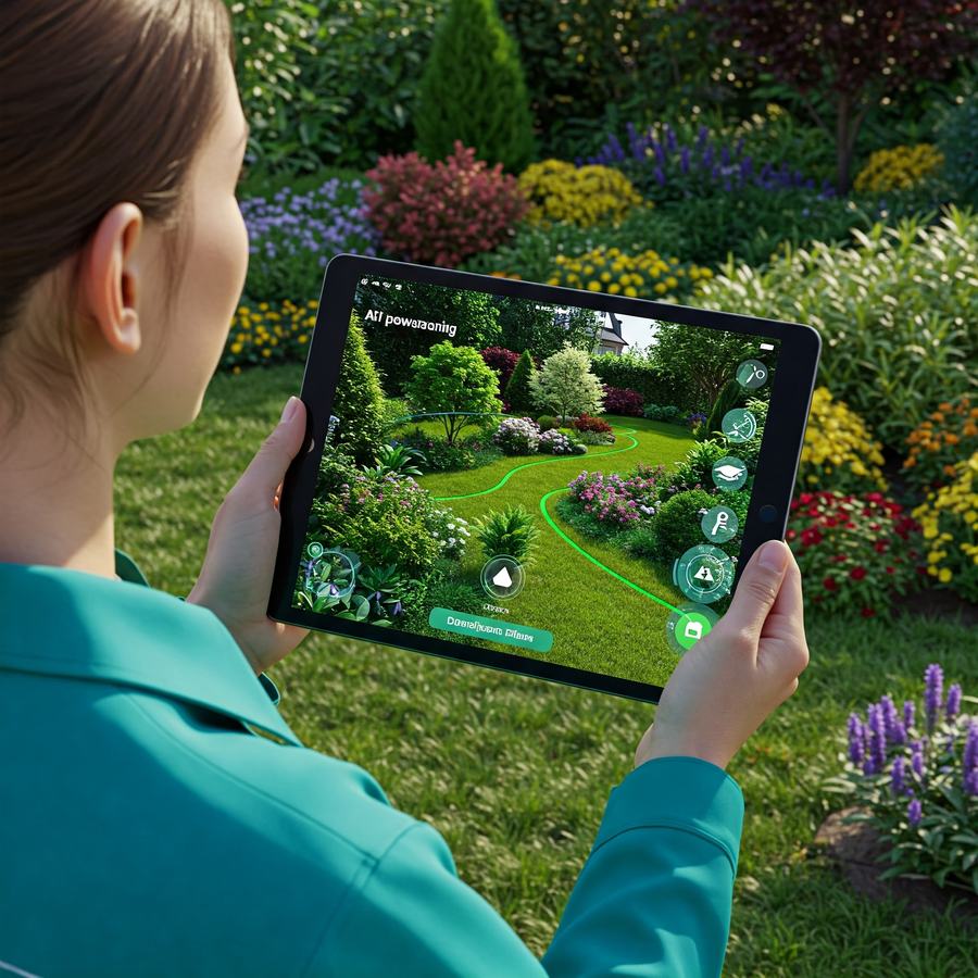 A woman uses a tablet to imagine landscaping changes to a garden.