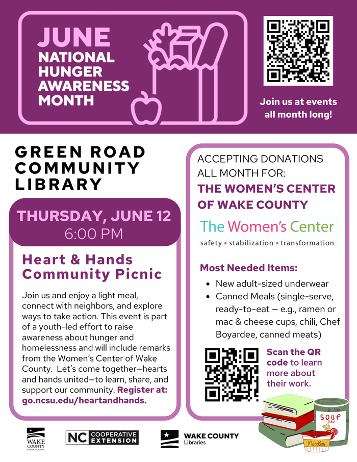 Flyer: Heart & Hands Community Picnic at Green Road Community Library, June 12 6:00 PM; donations accepted