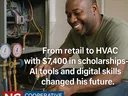 A man works on an HVAC unit. From retail to HVAC with $7400 in scholarships - AI Tools and digital skills changed his future.