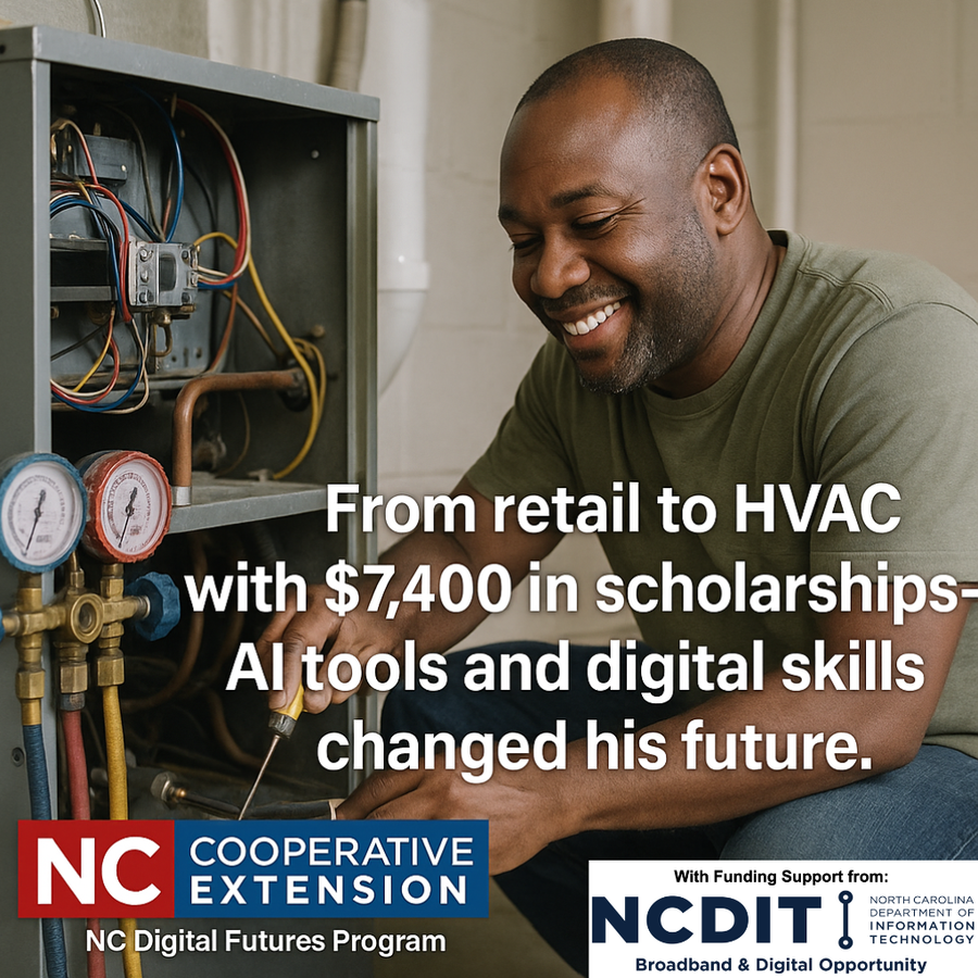 A man works on an HVAC unit. From retail to HVAC with $7400 in scholarships - AI Tools and digital skills changed his future.