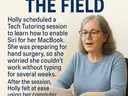 A woman uses her MacBook by voice thanks to a Tech Tutoring session.