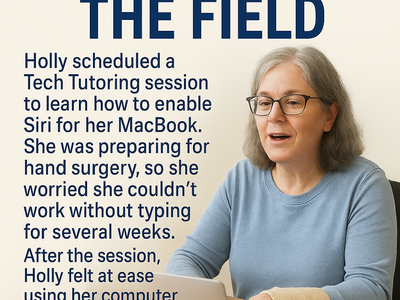 A woman uses her MacBook by voice thanks to a Tech Tutoring session.