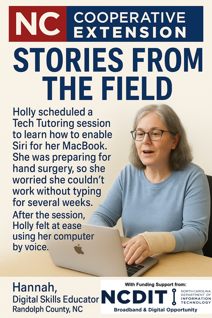 A woman uses her MacBook by voice thanks to a Tech Tutoring session.