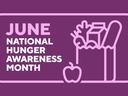 JUNE NATIONAL HUNGER AWARENESS MONTH text with grocery bag and apple icon on purple background