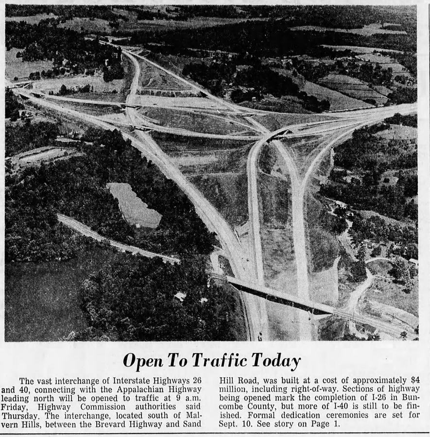 Photo of newly built I-26, I-40 interchange. The Asheville Citizen newspaper. Friday, August 9, 1968. Page 17.