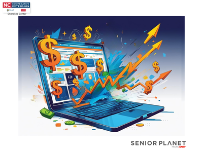 Laptop with dollar signs and upward arrows bursting from the screen; "Senior Planet" text