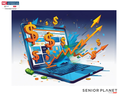 Laptop with dollar signs and upward arrows bursting from the screen; "Senior Planet" text