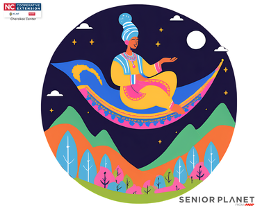 Figure on flying carpet at night over mountains; NC Cooperative Extension; Senior Planet from AARP