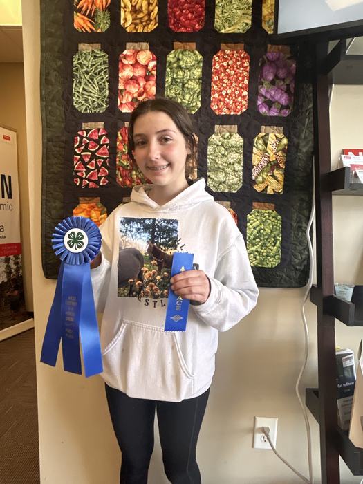 Photo of a girl holding two blue ribbons & horse photo