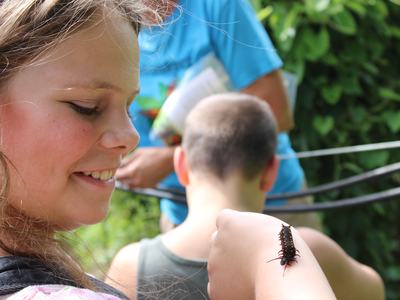 Young girl smiling while a black caterpillar with orange spots crawls on her arm