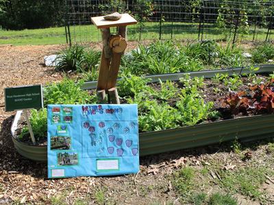 Raised metal garden bed with sign "West Henderson High School BOOST Garden" and student poster