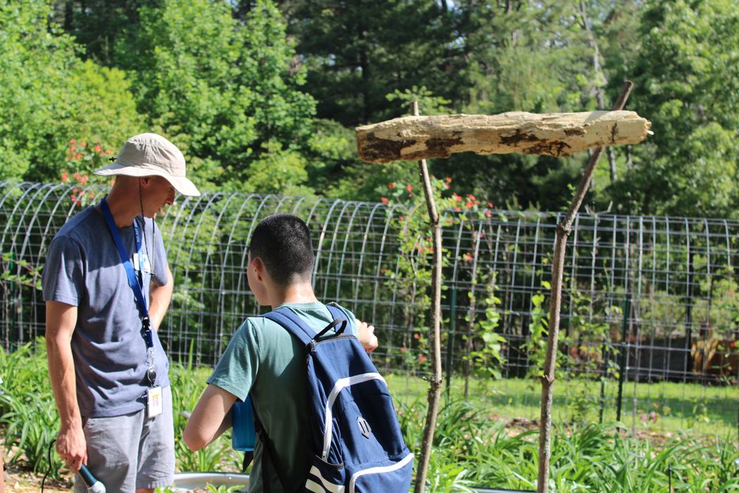 A log attached to two vertical sticks.