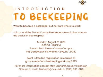 NC Cooperative Extension flyer — Introduction to Beekeeping, Aug 12 2025, 6–8PM, free; registration required