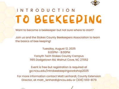 NC Cooperative Extension flyer — Introduction to Beekeeping, Aug 12 2025, 6–8PM, free; registration required