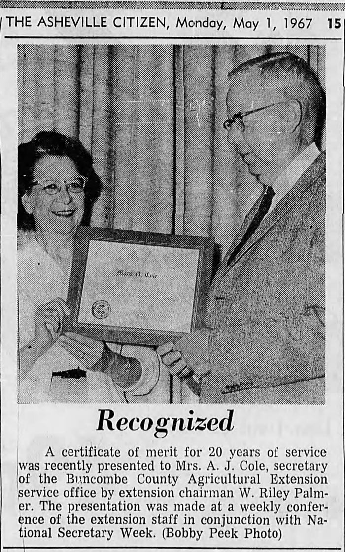 Black and white newspaper photo and article of Mary Cole receiving certificate of recognition for 20 years of secretarial service to Buncombe County Cooperative Extension.