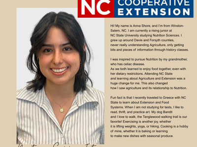 Portrait of a young woman with NC Cooperative Extension logo and text Meet our Summer Intern
