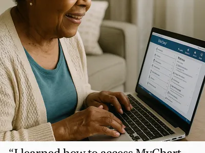 A woman using a laptop.