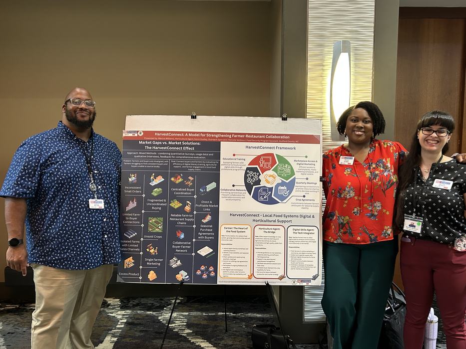 Agriculture Agent, Marcus Williams; Outreach Specialist, Sonni Dudley; and Food Security Program Assistant, Melodie Melbouci, also presented their poster at the NUEL Conference, “HarvestConnect: A Model for Strengthening Farmer-Restaurant Collaboration,."