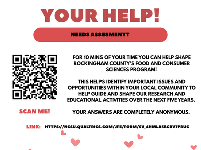 Poster reading "WE NEED YOUR HELP!" needs assessment, QR code, and raised hands illustration