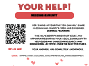 Poster reading "WE NEED YOUR HELP!" needs assessment, QR code, and raised hands illustration