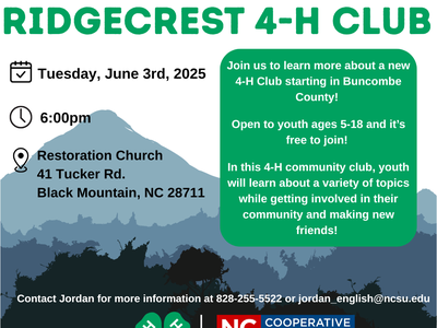 Ridgecrest 4‑H Club interest meeting: Tue Jun 3 2025, 6:00pm, Restoration Church, Black Mountain NC