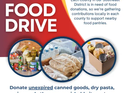 Flyer for the Southeast District NCCEAPA Food Drive. Takes place May 1–30, 2025, at local Extension offices across the Southeast District. Includes a link to learn more at go.ncsu.edu/sedncceapa-food-drive.