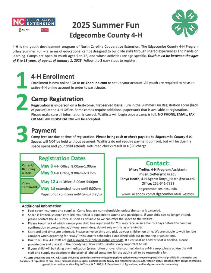 2025 Summer Fun Edgecombe County 4‑H flyer: enrollment, camp registration, payment; dates May 8, 9, 12, 13