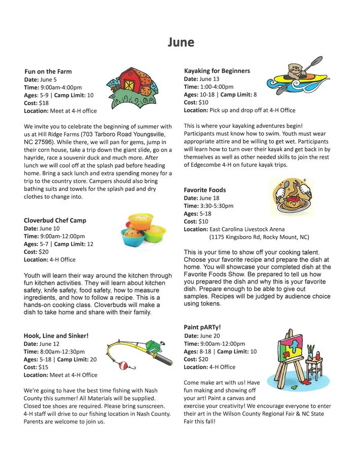 June events flyer listing youth programs: Fun on the Farm, Kayaking, Chef Camp, Paint pARTy, more