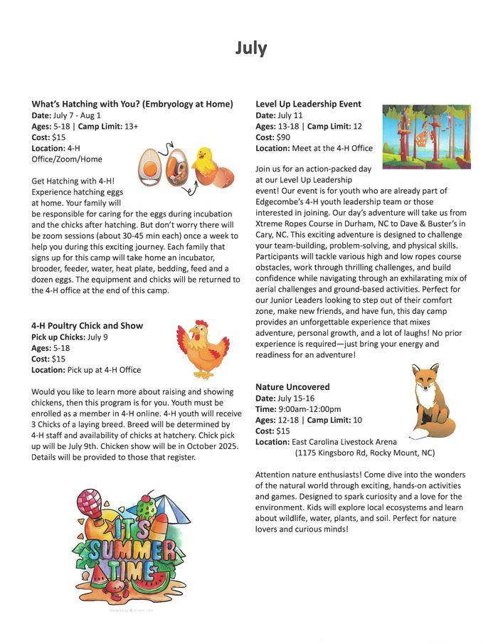 July 4‑H camps flyer: Hatching with You; Poultry Chick; Level Up Leadership; Nature Uncovered