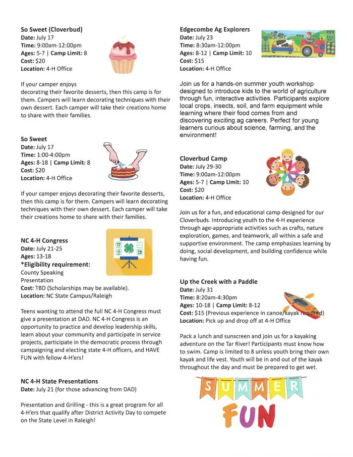 Flyer listing 4‑H summer camp sessions and details, with "SUMMER FUN" banner