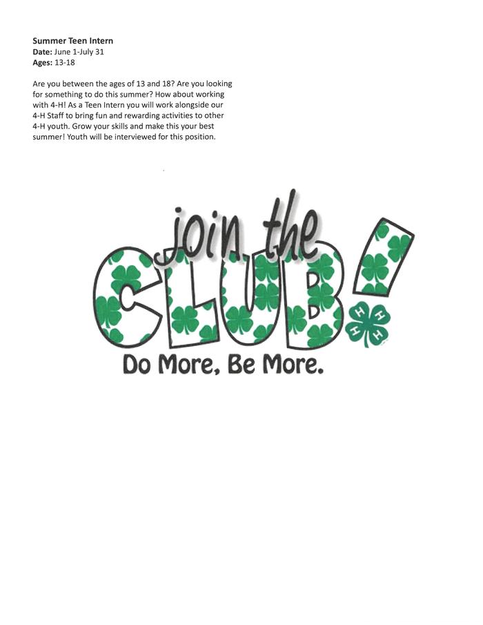'join the CLUB!' with green clover pattern; 'Do More, Be More.' Top-left: Summer Teen Intern, June 1–July 31, Ages 13–18