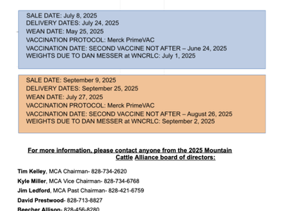 WNC Regional Livestock Center 2025 sale dates: July 8 and Sept 9; delivery/wean/vaccine dates.