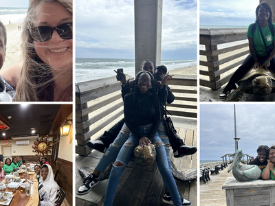 A collage of pictures of teens enjoying themselves on a fishing pier.