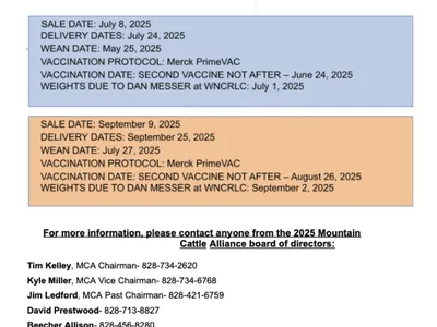 WNC Regional Livestock Center 2025 sale dates: July 8 and Sept 9; delivery/wean/vaccine dates.