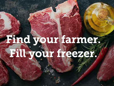 Raw beef cuts with oil and herbs; text: "Find your farmer. Fill your freezer."
