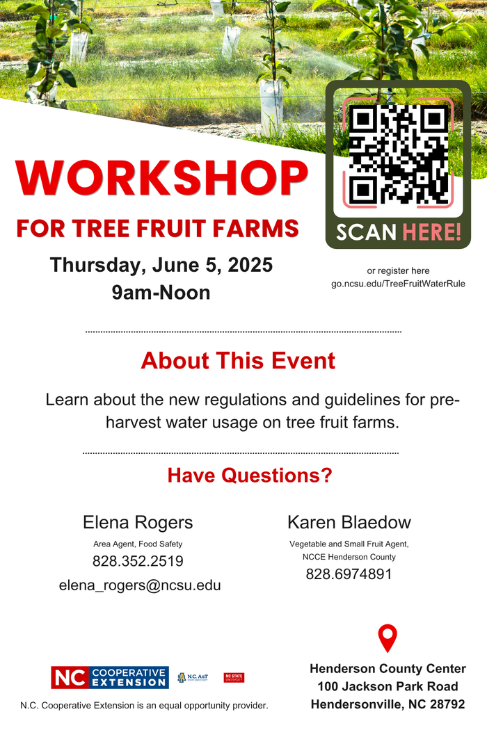 It is time to implement FDA's Final Pre-harvest Water Rule for Tree fruit farms! Join us on Thursday June 5 2025 at 09:00 AM at N.C. Cooperative Extension | Henderson County Center to learn about the new regulations and guidelines for pre-harvest water usage on tree fruit farms. This in-person event is a great opportunity to network with fellow farmers and industry experts, ask questions, and gain valuable insights to ensure compliance with the FDA's regulations. Don't miss out on this informative event! If you need additional information regarding this event, contact Elena Rogers, Area Specialized Agent for Food Safety- Fresh Produce in Western NC at 828-352-2519 or via email at elena_rogers@ncsu.edu or Karen Blaedow, Henderson Co. Vegetable and Small Fruit Agent at (828) 697-4891.