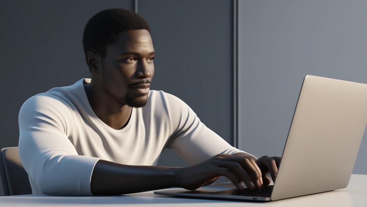 A man sitting at a desk using a laptop in a modern office environment.