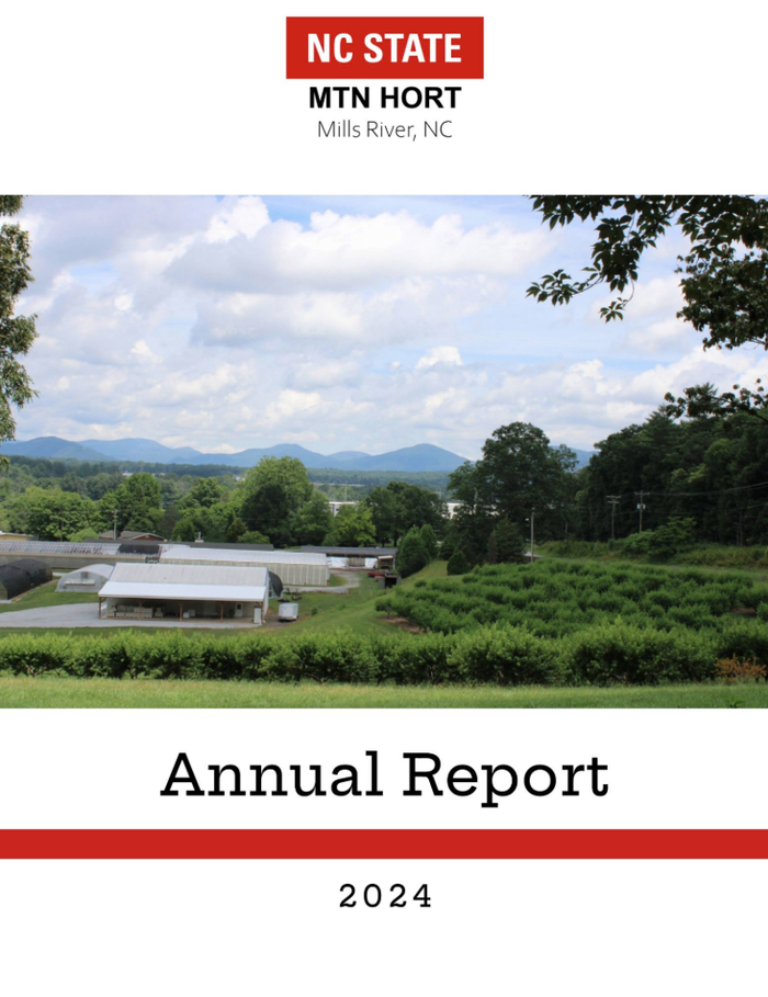 NC STATE MTN HORT Mills River, NC — cover photo of farms and mountains; text: "Annual Report 2024"