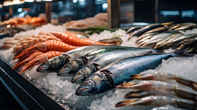 A lively market stand featuring a selection of chilled seafood, including glistening fish, tender shrimp, and plump clams, all displayed on ice. This inviting scene emphasizes the freshness and quality of the catch, celebrating the delights of ocean fare in a market setting.