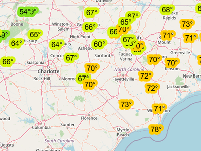 A map of North Carolina temperatures showing cooler temps in the west and warmer temps around 70 degrees in the east.