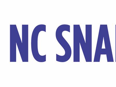 Logo for NC SNAP-ED with a circle that is dissected by thirds with a water bottle in a section, a sneaker in a section, and a carrot in a section