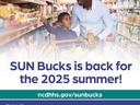 Father and son grocery shopping; text: "SUN Bucks is back for the 2025 summer!" ncdhhs.gov/sunbucks