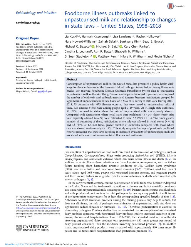 Foodborne illness outbreaks linked to unpasteurised milk and relationship to changes in state laws.