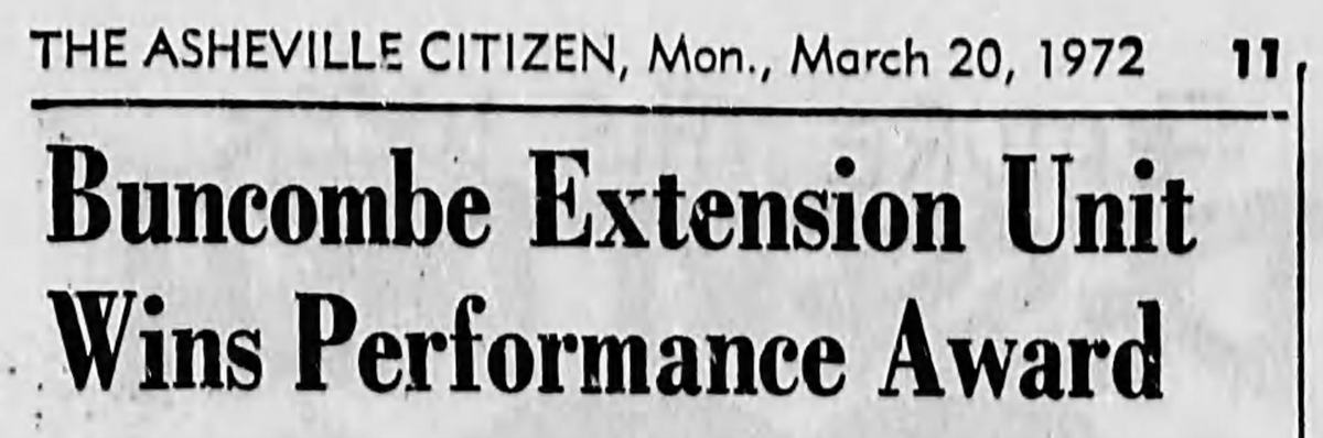 Photo of newspaper headline from the March 20, 1972 edition of the Asheville Citizen newspaper stating "Buncombe Extension Unit Wins Performance Award.)